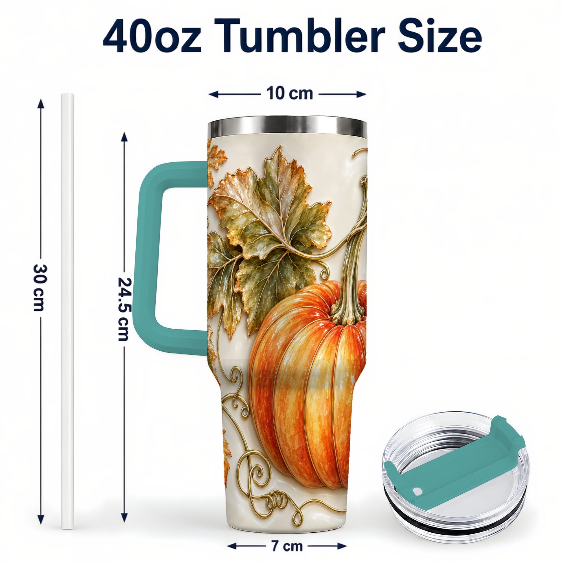 #pl[40oz|Green] Glossy Pumpkin 40oz Tumbler with Handle, Harvest Stainless Steel Cup