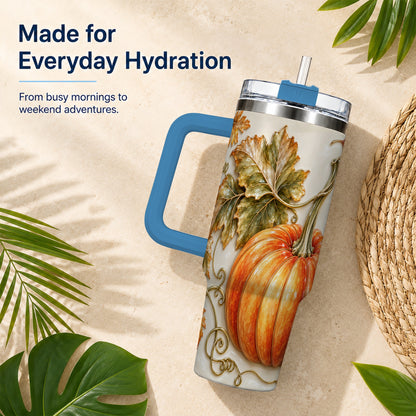 #pl[40oz|Blue] Glossy Pumpkin 40oz Tumbler with Handle, Harvest Stainless Steel Cup
