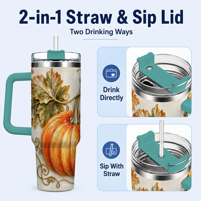 #pl[40oz|Green] Glossy Pumpkin 40oz Tumbler with Handle, Harvest Stainless Steel Cup