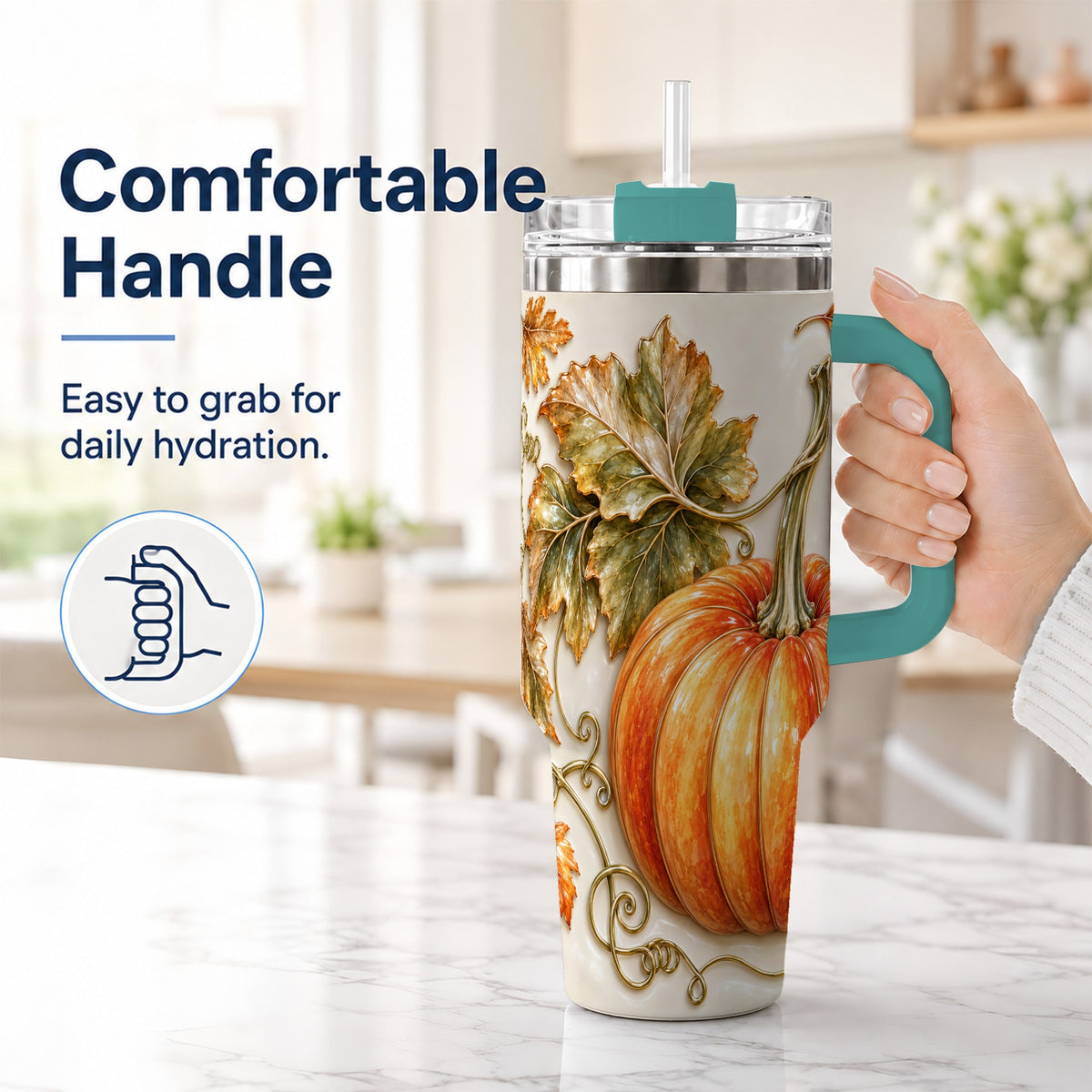 #pl[40oz|Green] Glossy Pumpkin 40oz Tumbler with Handle, Harvest Stainless Steel Cup
