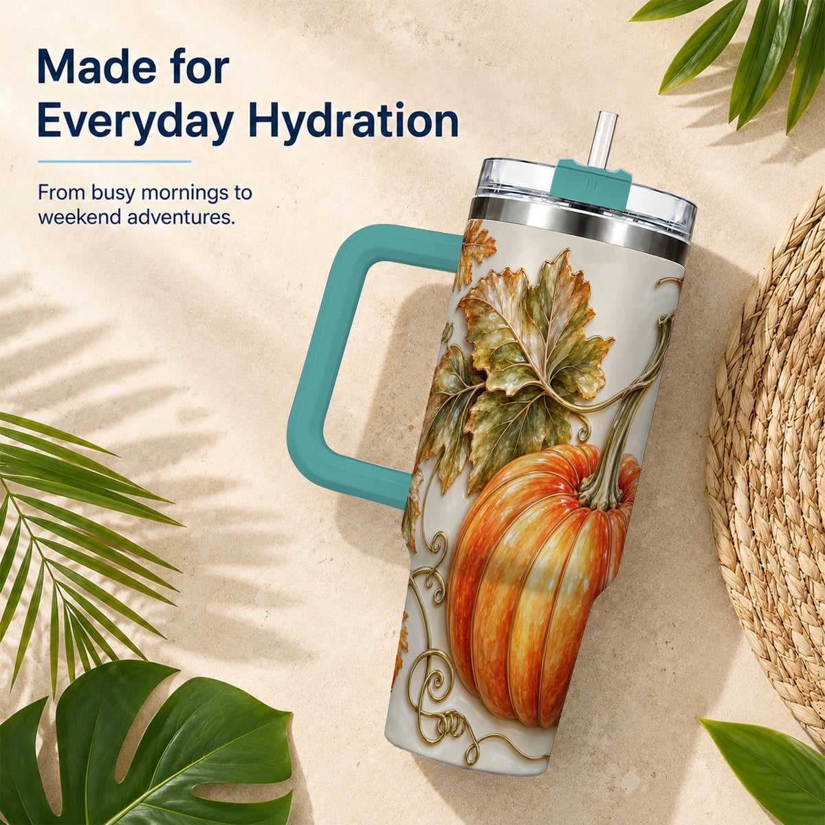 #pl[40oz|Green] Glossy Pumpkin 40oz Tumbler with Handle, Harvest Stainless Steel Cup