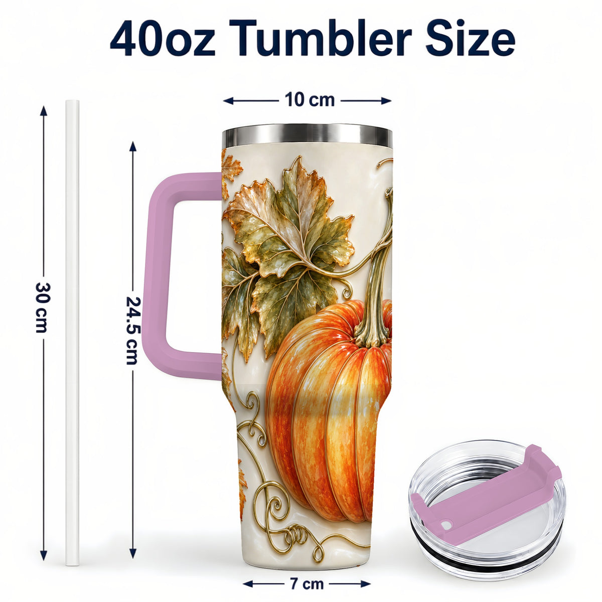 #pl[40oz|Pink] Glossy Pumpkin 40oz Tumbler with Handle, Harvest Stainless Steel Cup