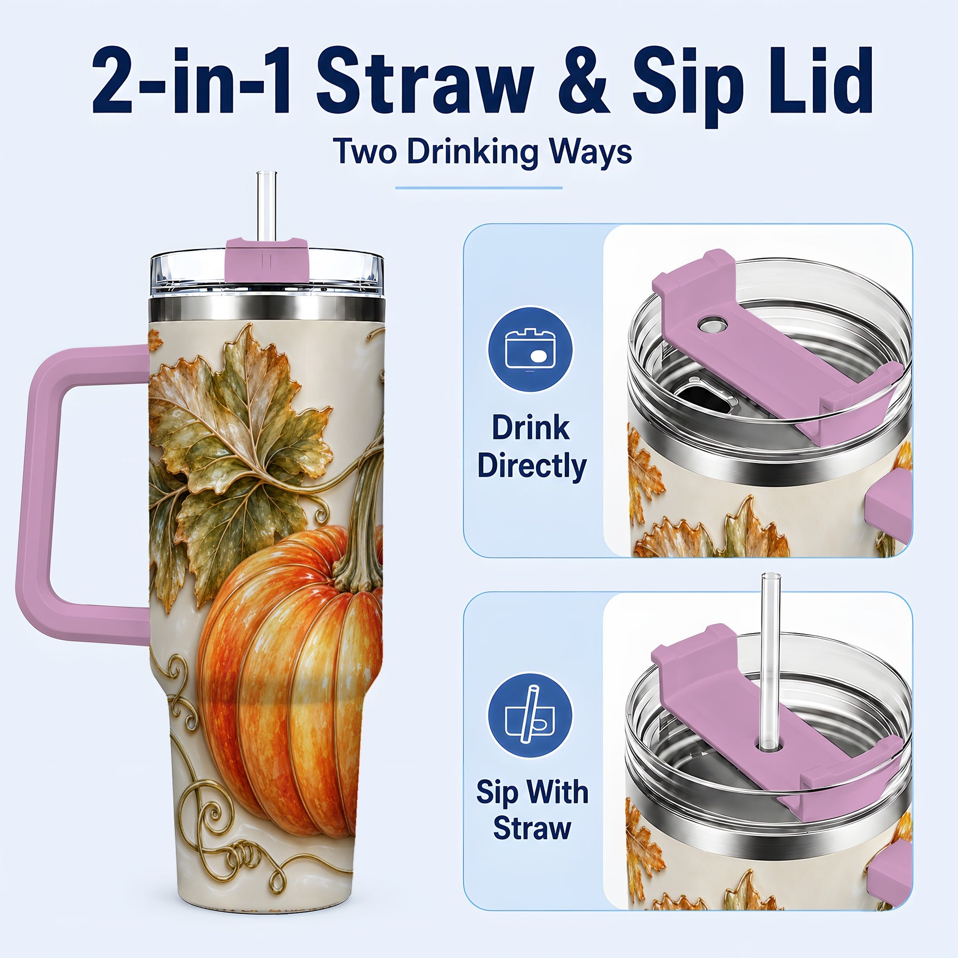 #pl[40oz|Pink] Glossy Pumpkin 40oz Tumbler with Handle, Harvest Stainless Steel Cup