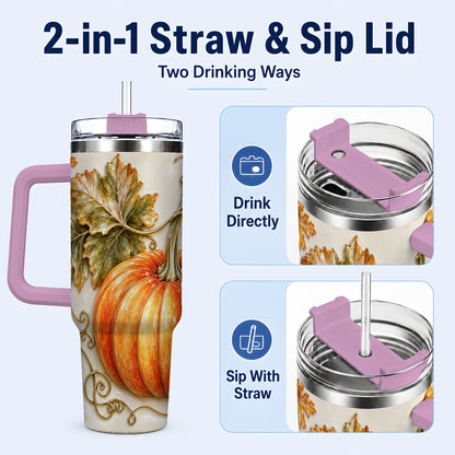 #pl[40oz|Pink] Glossy Pumpkin 40oz Tumbler with Handle, Harvest Stainless Steel Cup