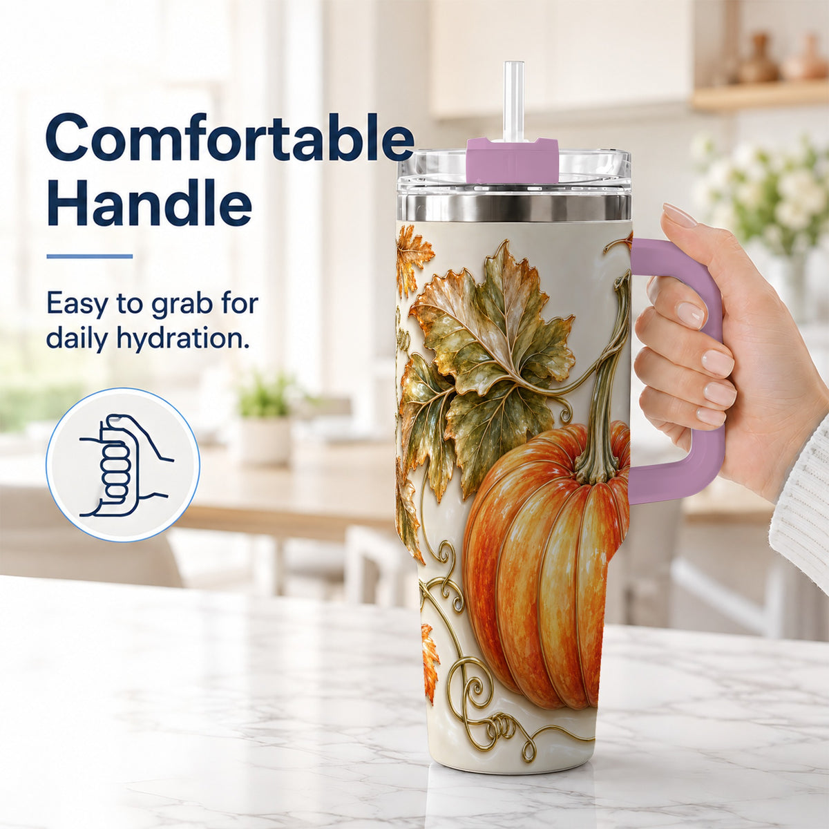 #pl[40oz|Pink] Glossy Pumpkin 40oz Tumbler with Handle, Harvest Stainless Steel Cup