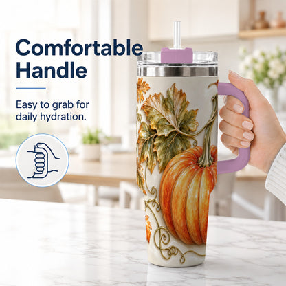 #pl[40oz|Pink] Glossy Pumpkin 40oz Tumbler with Handle, Harvest Stainless Steel Cup