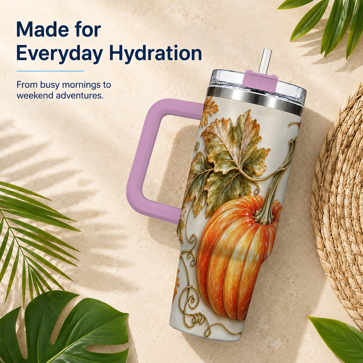 #pl[40oz|Pink] Glossy Pumpkin 40oz Tumbler with Handle, Harvest Stainless Steel Cup