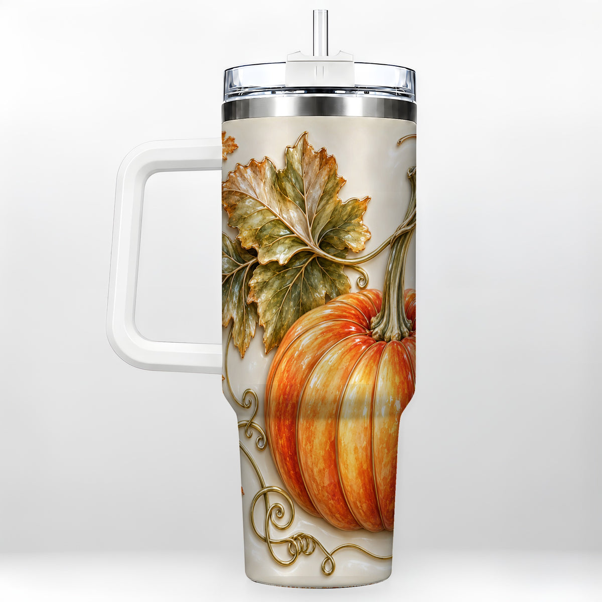 Glossy Pumpkin 40oz Tumbler with Handle, Harvest Stainless Steel Cup