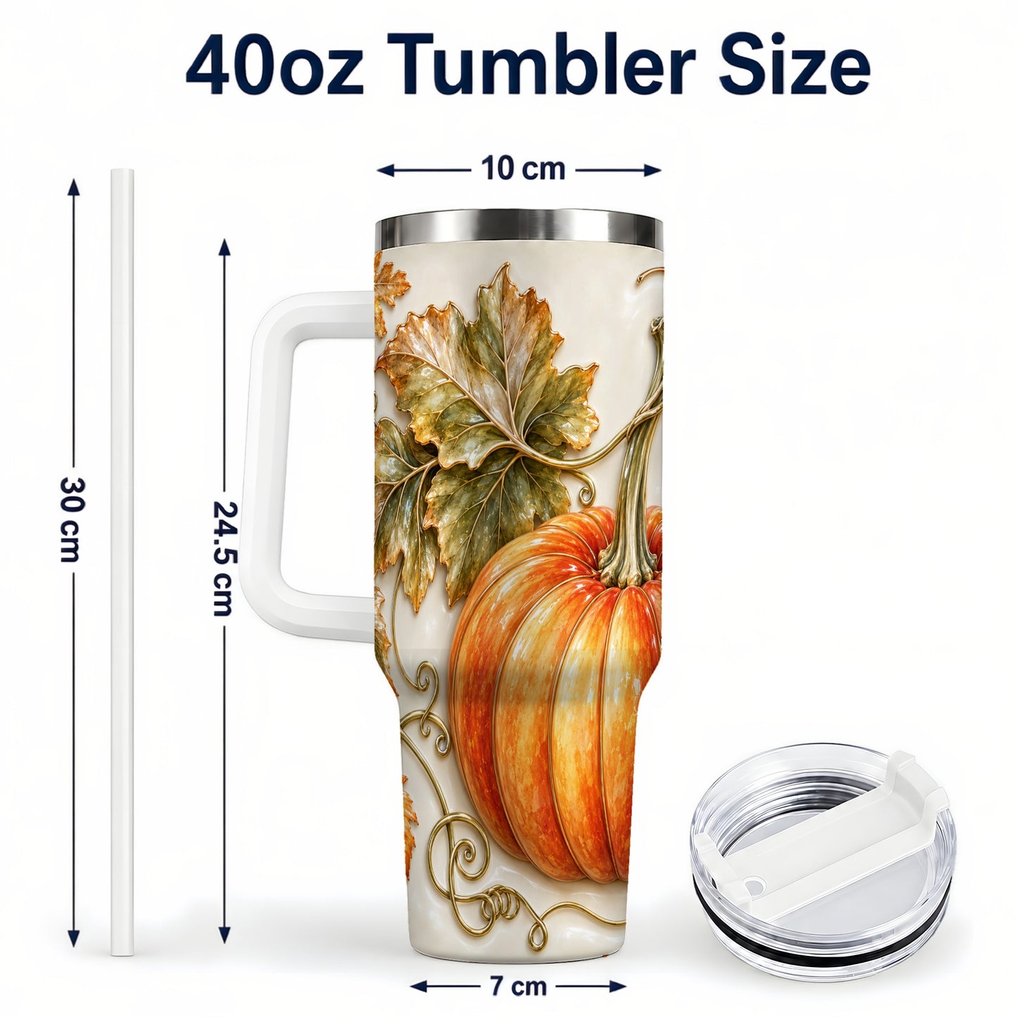 #pl[40oz|White] Glossy Pumpkin 40oz Tumbler with Handle, Harvest Stainless Steel Cup