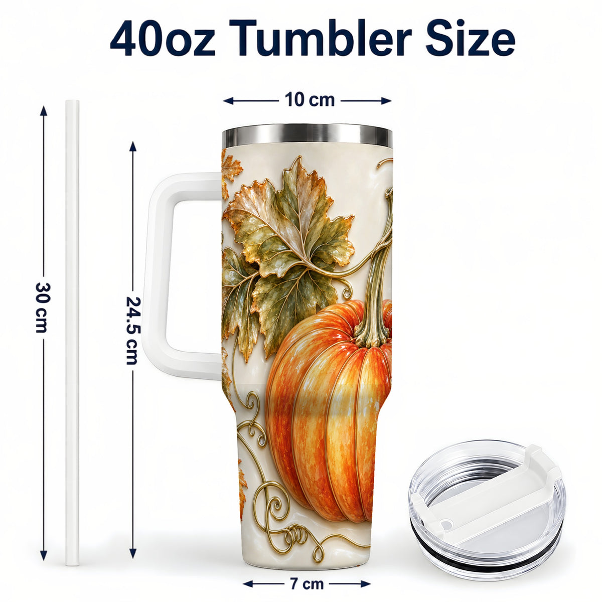 #pl[40oz|White] Glossy Pumpkin 40oz Tumbler with Handle, Harvest Stainless Steel Cup