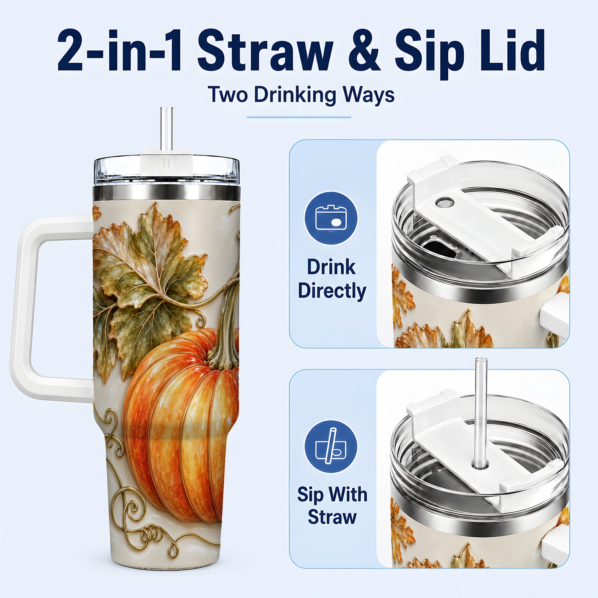 #pl[40oz|White] Glossy Pumpkin 40oz Tumbler with Handle, Harvest Stainless Steel Cup