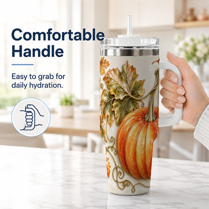 #pl[40oz|White] Glossy Pumpkin 40oz Tumbler with Handle, Harvest Stainless Steel Cup