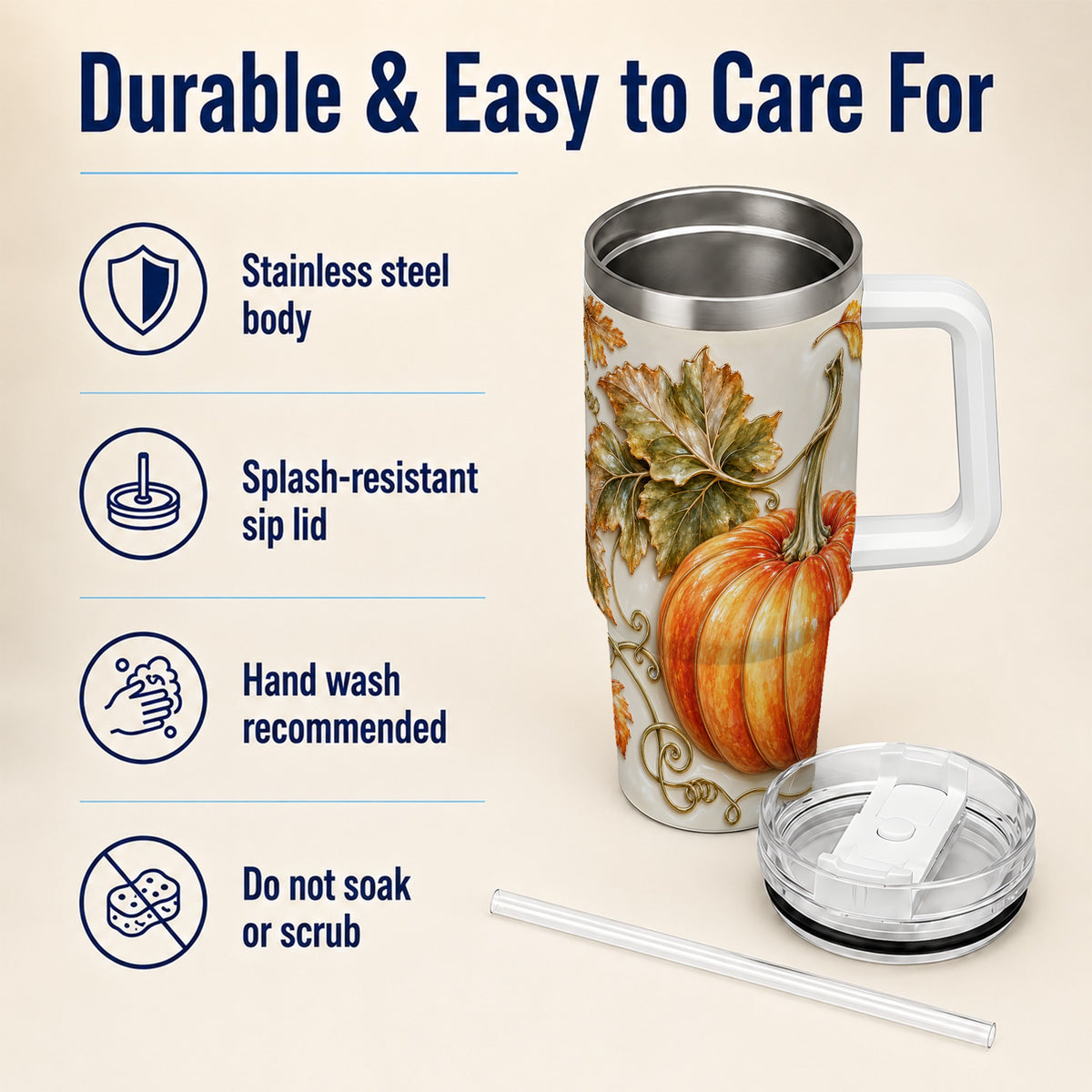#pl[40oz|White] Glossy Pumpkin 40oz Tumbler with Handle, Harvest Stainless Steel Cup