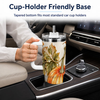 #pl[40oz|White] Glossy Pumpkin 40oz Tumbler with Handle, Harvest Stainless Steel Cup
