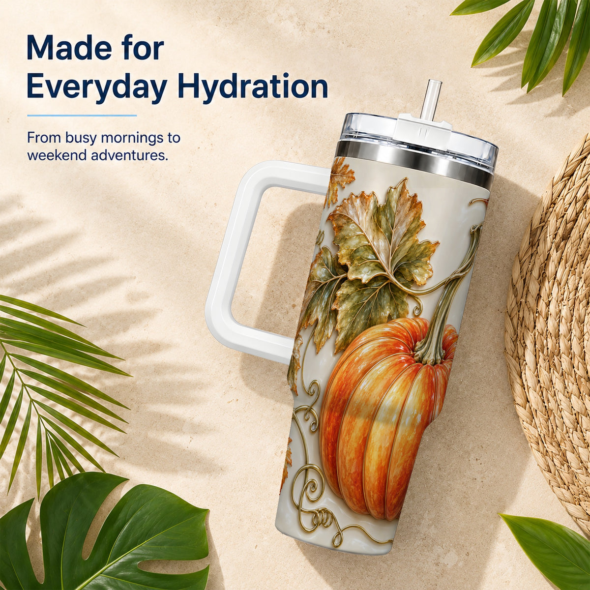 #pl[40oz|White] Glossy Pumpkin 40oz Tumbler with Handle, Harvest Stainless Steel Cup