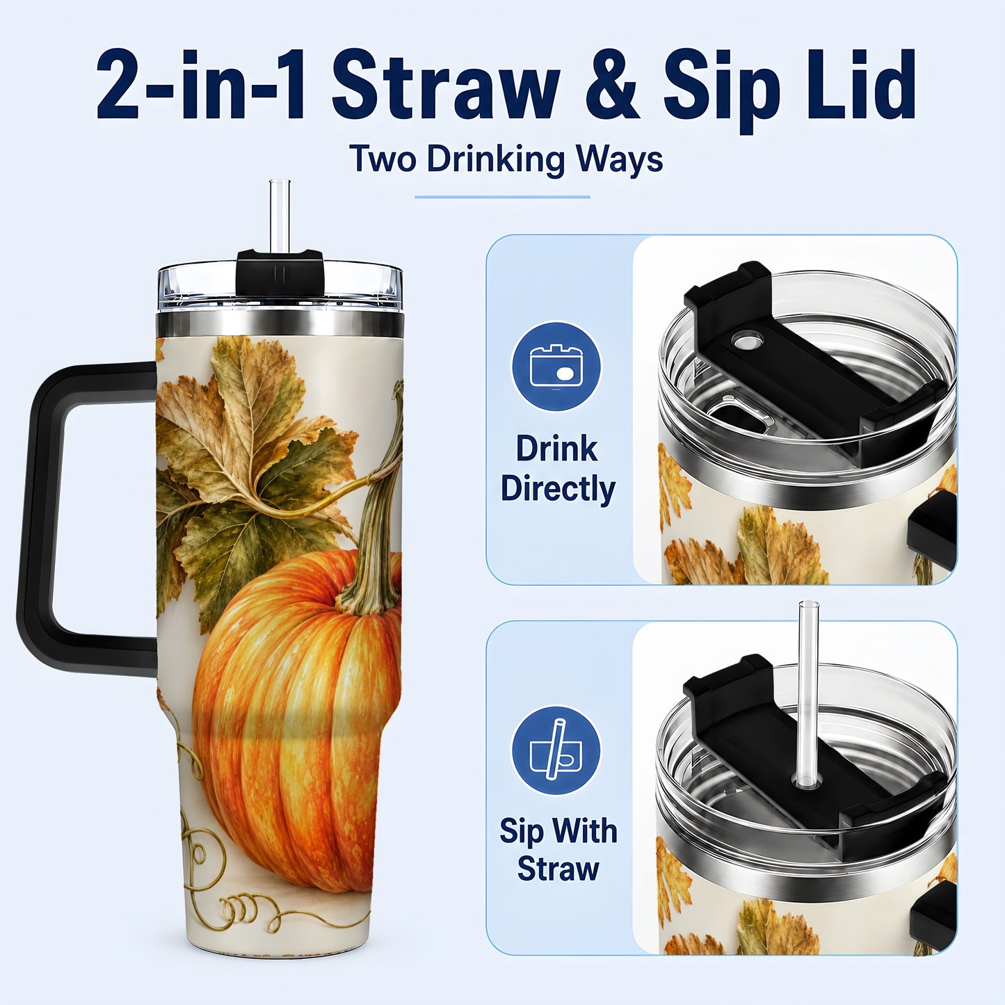 #pl[40oz|Black] Rustic Pumpkin 40oz Tumbler with Handle, Fall Stainless Steel Cup