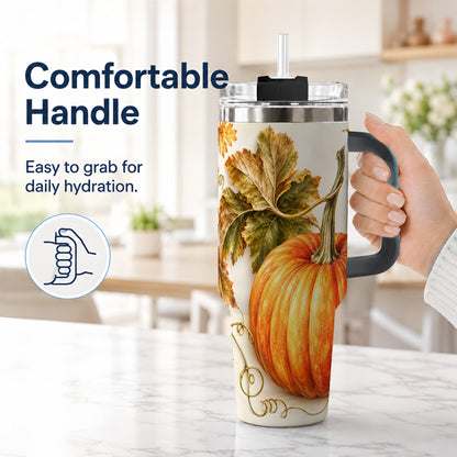 #pl[40oz|Black] Rustic Pumpkin 40oz Tumbler with Handle, Fall Stainless Steel Cup