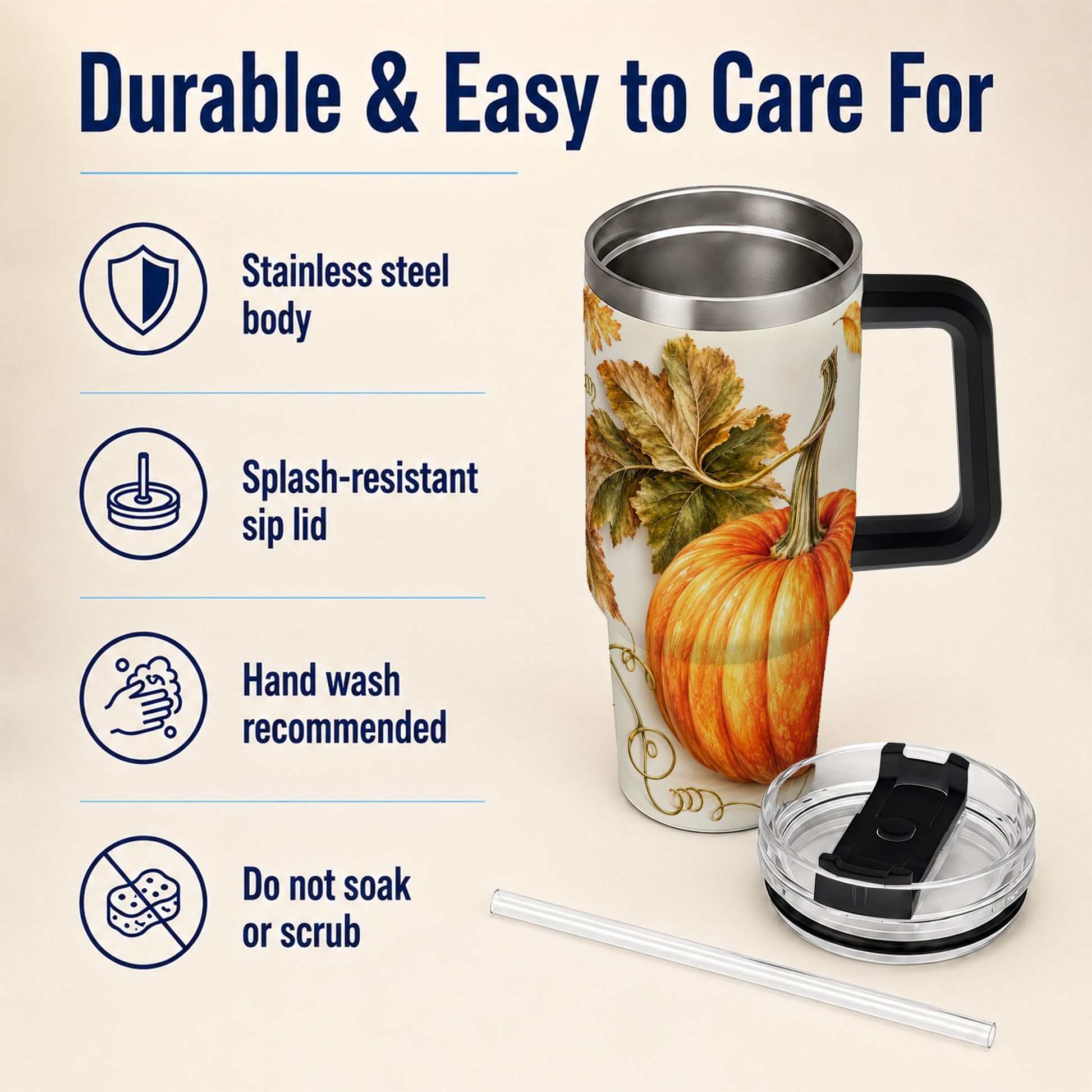 #pl[40oz|Black] Rustic Pumpkin 40oz Tumbler with Handle, Fall Stainless Steel Cup