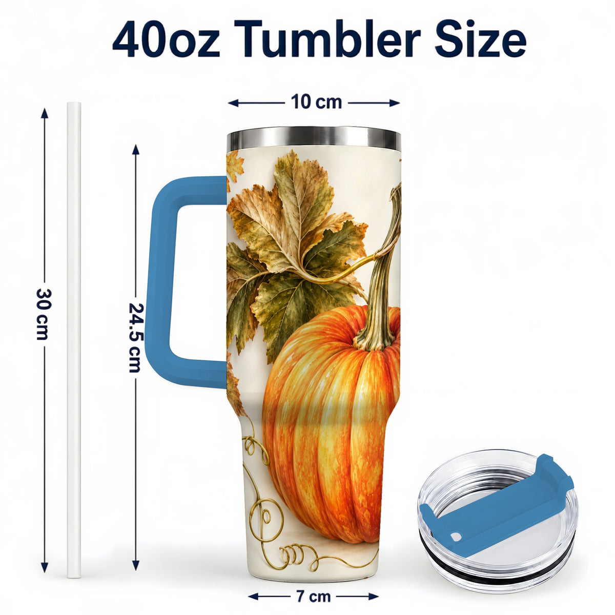 #pl[40oz|Blue] Rustic Pumpkin 40oz Tumbler with Handle, Fall Stainless Steel Cup