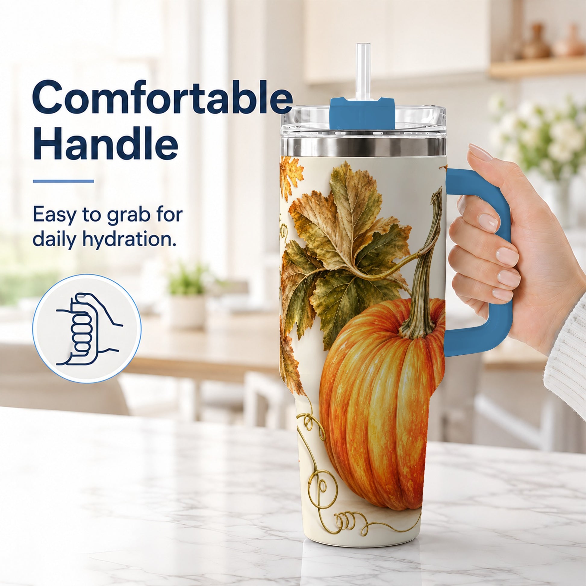 #pl[40oz|Blue] Rustic Pumpkin 40oz Tumbler with Handle, Fall Stainless Steel Cup