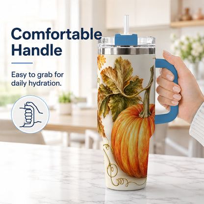 #pl[40oz|Blue] Rustic Pumpkin 40oz Tumbler with Handle, Fall Stainless Steel Cup