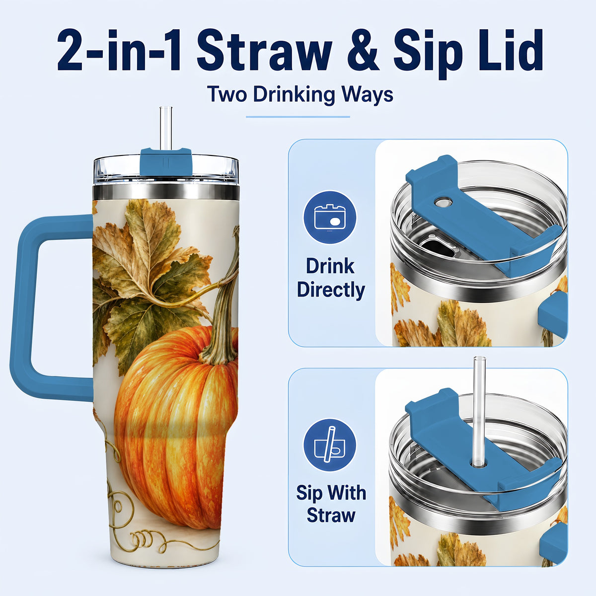 #pl[40oz|Blue] Rustic Pumpkin 40oz Tumbler with Handle, Fall Stainless Steel Cup