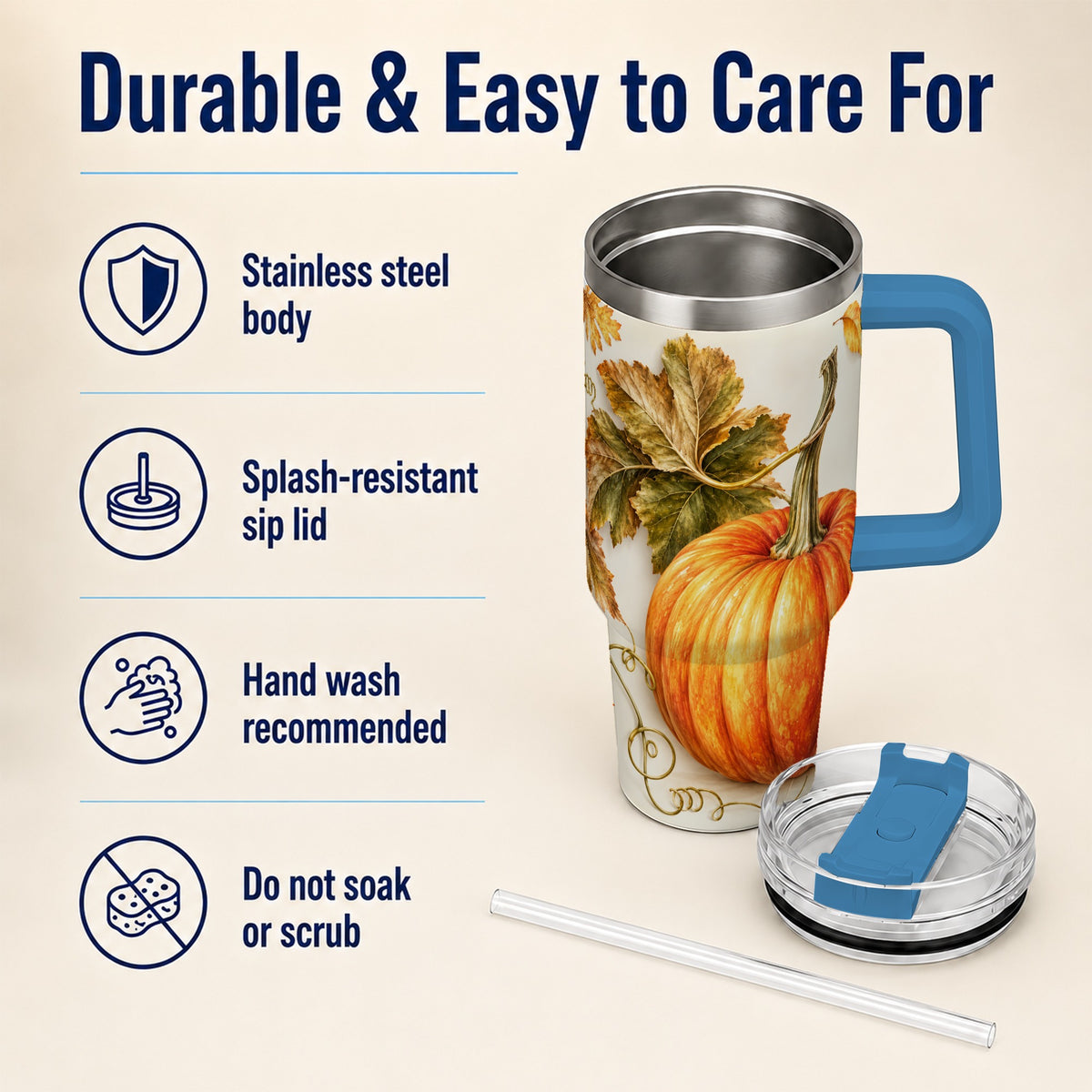#pl[40oz|Blue] Rustic Pumpkin 40oz Tumbler with Handle, Fall Stainless Steel Cup