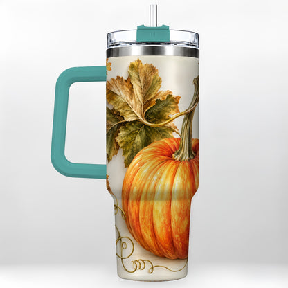 #pl[40oz|Green] Rustic Pumpkin 40oz Tumbler with Handle, Fall Stainless Steel Cup