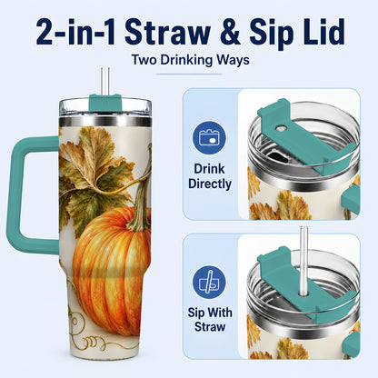 #pl[40oz|Green] Rustic Pumpkin 40oz Tumbler with Handle, Fall Stainless Steel Cup