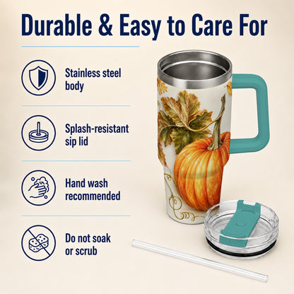 #pl[40oz|Green] Rustic Pumpkin 40oz Tumbler with Handle, Fall Stainless Steel Cup