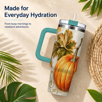 #pl[40oz|Green] Rustic Pumpkin 40oz Tumbler with Handle, Fall Stainless Steel Cup