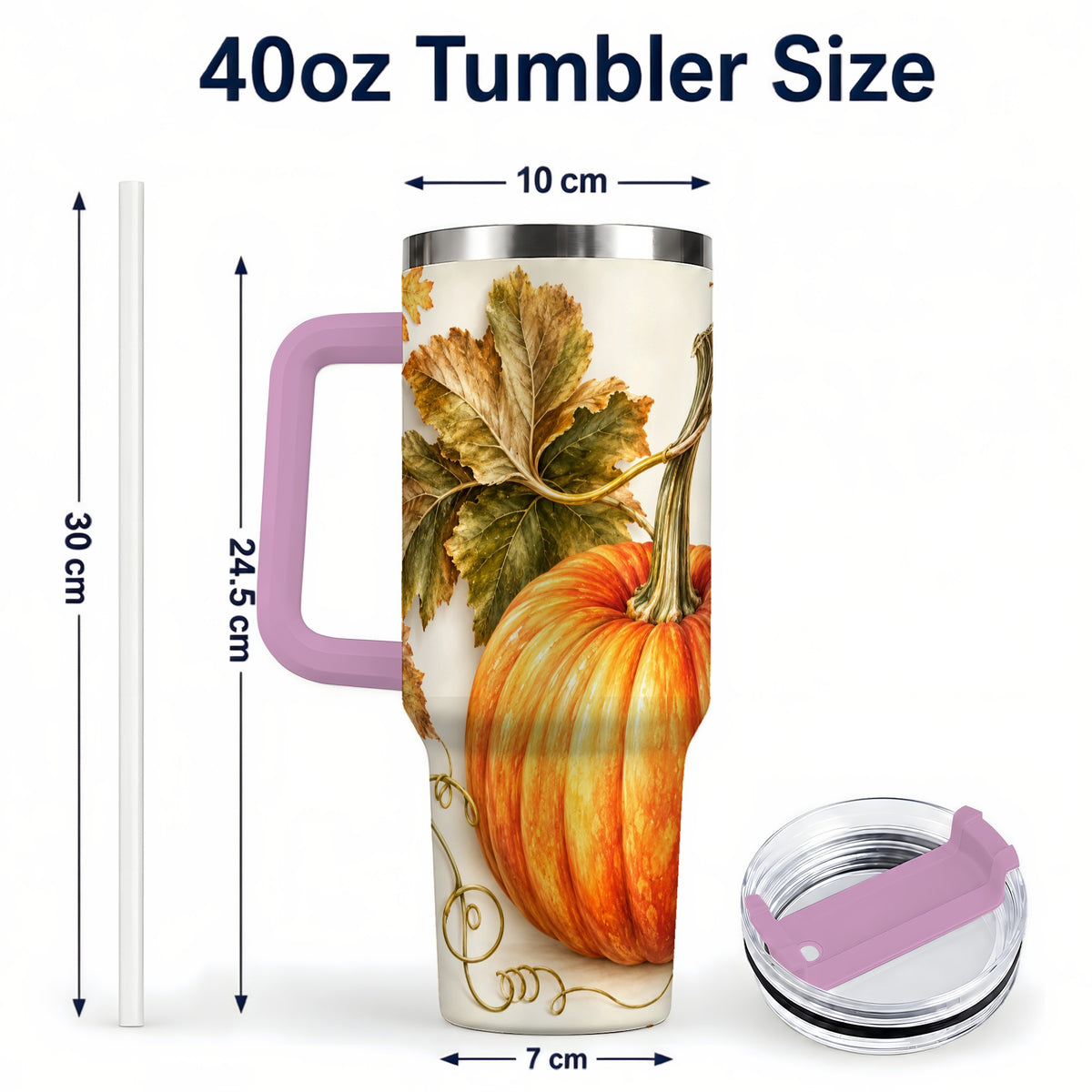 #pl[40oz|Pink] Rustic Pumpkin 40oz Tumbler with Handle, Fall Stainless Steel Cup