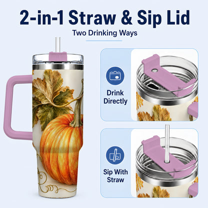 #pl[40oz|Pink] Rustic Pumpkin 40oz Tumbler with Handle, Fall Stainless Steel Cup