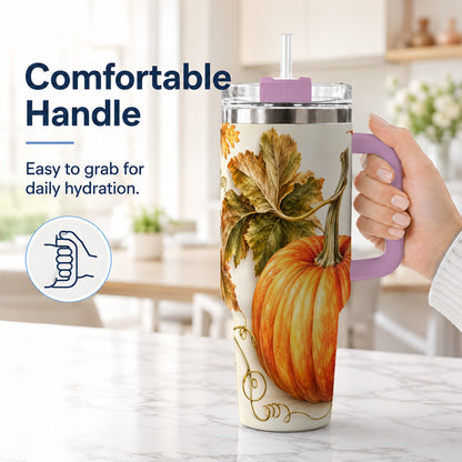 #pl[40oz|Pink] Rustic Pumpkin 40oz Tumbler with Handle, Fall Stainless Steel Cup
