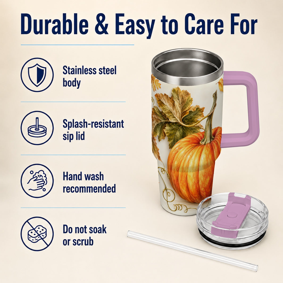 #pl[40oz|Pink] Rustic Pumpkin 40oz Tumbler with Handle, Fall Stainless Steel Cup