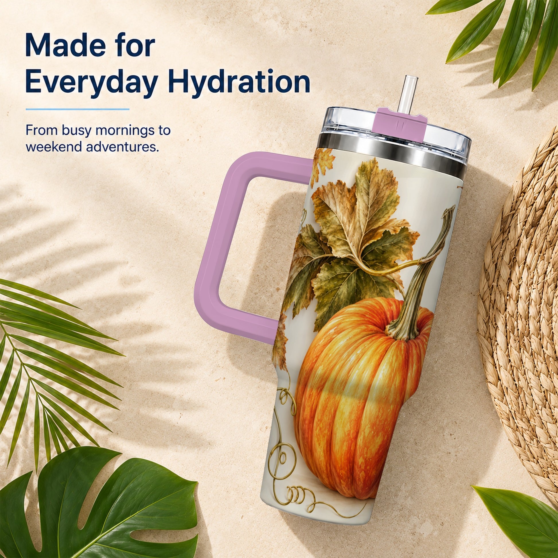 #pl[40oz|Pink] Rustic Pumpkin 40oz Tumbler with Handle, Fall Stainless Steel Cup