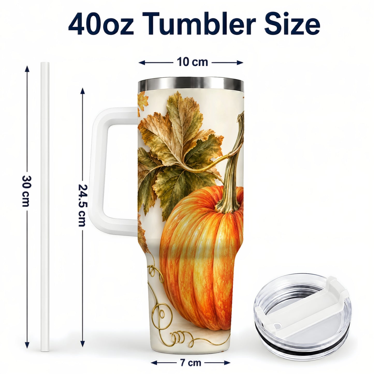 #pl[40oz|White] Rustic Pumpkin 40oz Tumbler with Handle, Fall Stainless Steel Cup