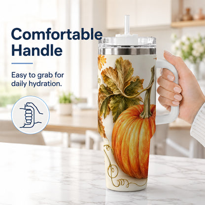 #pl[40oz|White] Rustic Pumpkin 40oz Tumbler with Handle, Fall Stainless Steel Cup
