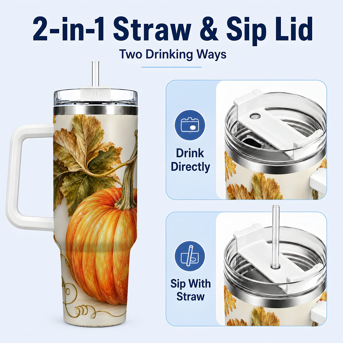 #pl[40oz|White] Rustic Pumpkin 40oz Tumbler with Handle, Fall Stainless Steel Cup