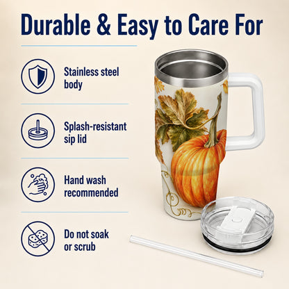 #pl[40oz|White] Rustic Pumpkin 40oz Tumbler with Handle, Fall Stainless Steel Cup