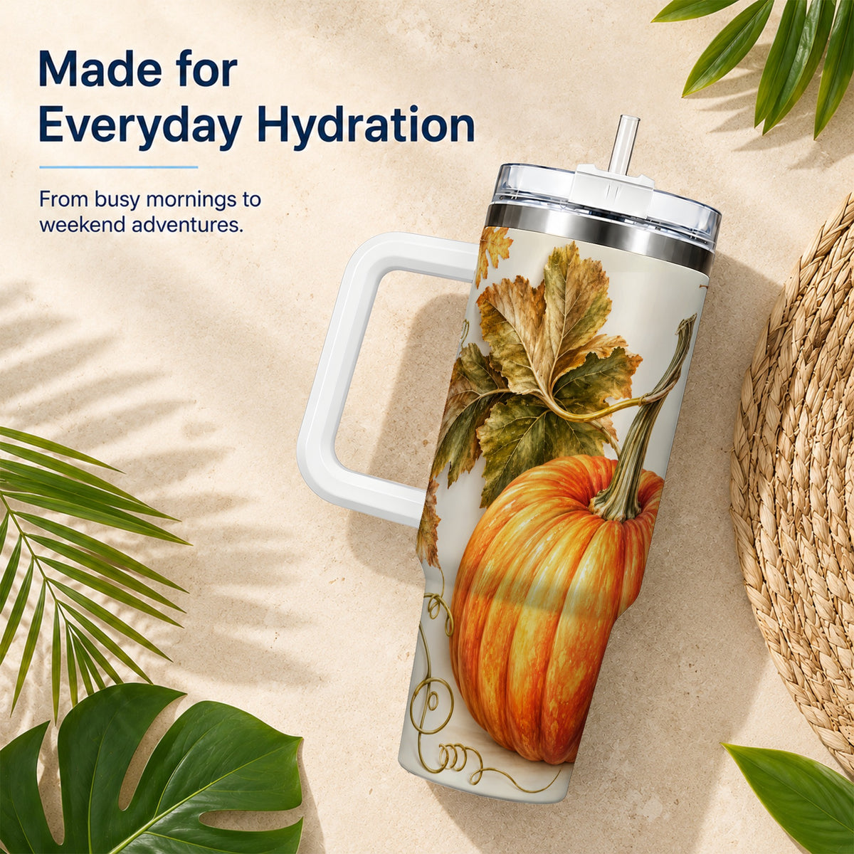#pl[40oz|White] Rustic Pumpkin 40oz Tumbler with Handle, Fall Stainless Steel Cup