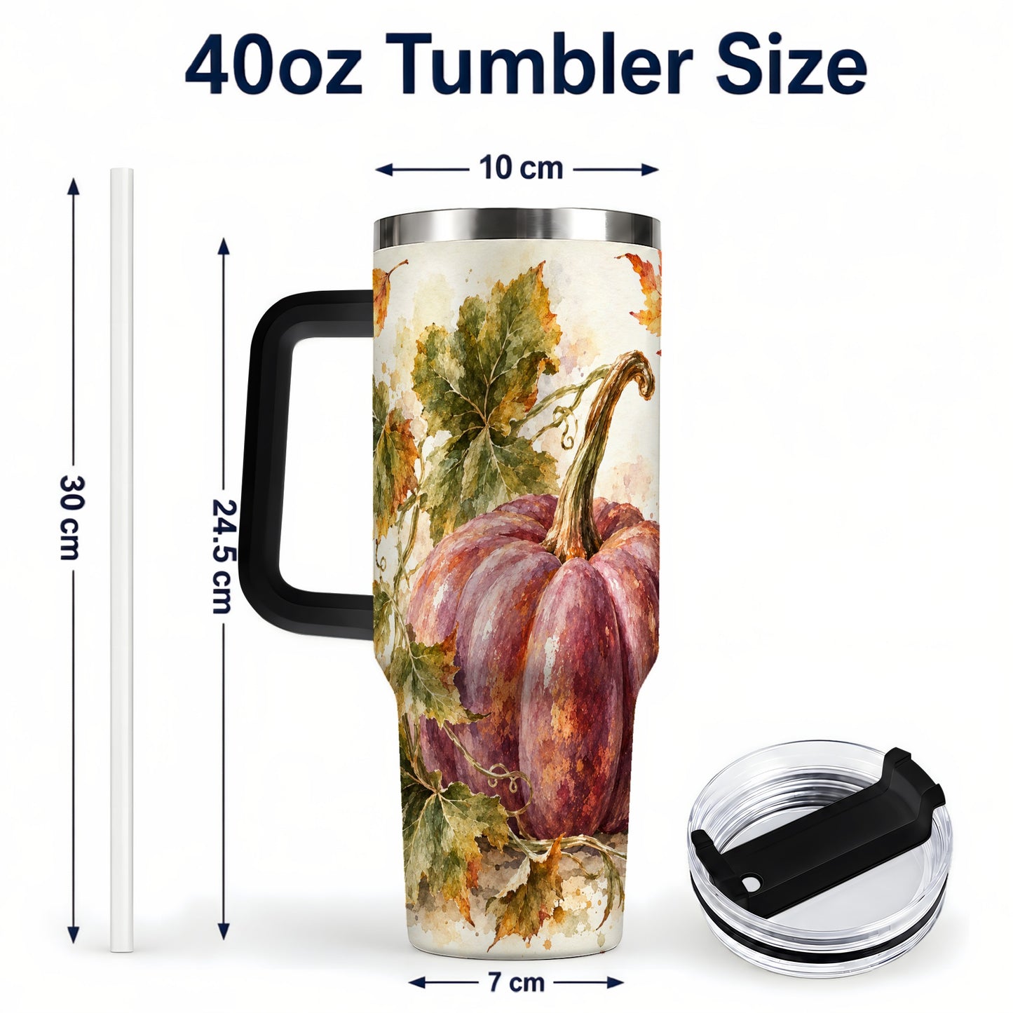 #pl[40oz|Black] Watercolor Pumpkin 40oz Tumbler with Handle, Fall Stainless Steel Cup