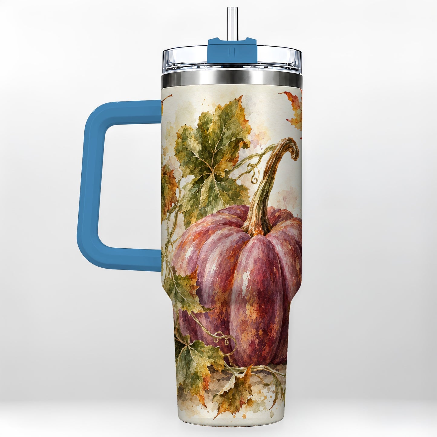 #pl[40oz|Blue] Watercolor Pumpkin 40oz Tumbler with Handle, Fall Stainless Steel Cup
