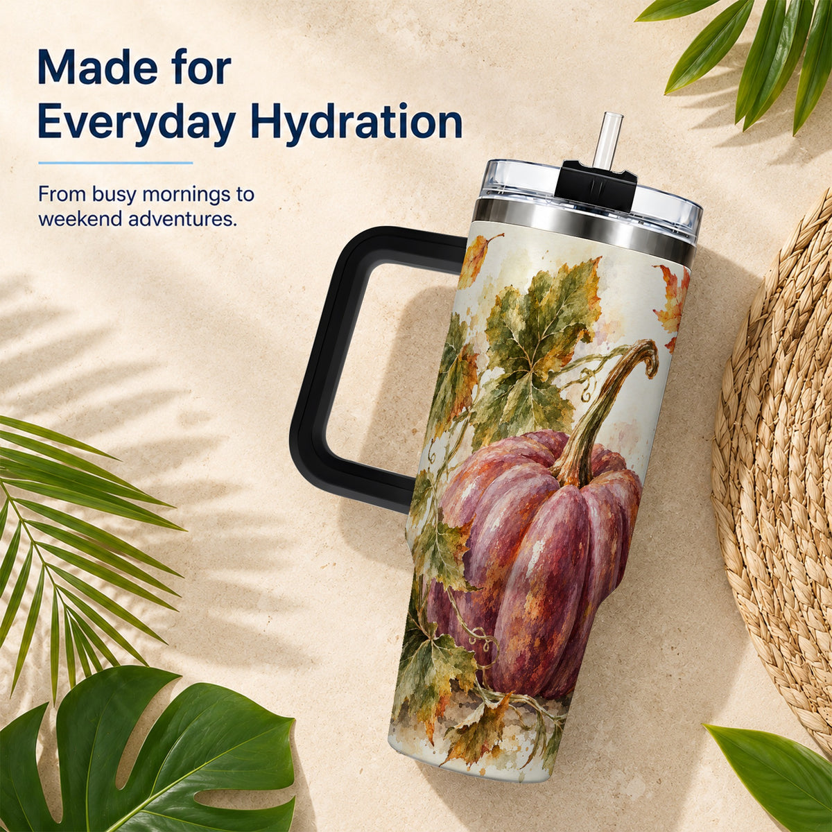 #pl[40oz|Black] Watercolor Pumpkin 40oz Tumbler with Handle, Fall Stainless Steel Cup