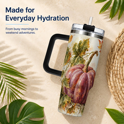 #pl[40oz|Black] Watercolor Pumpkin 40oz Tumbler with Handle, Fall Stainless Steel Cup
