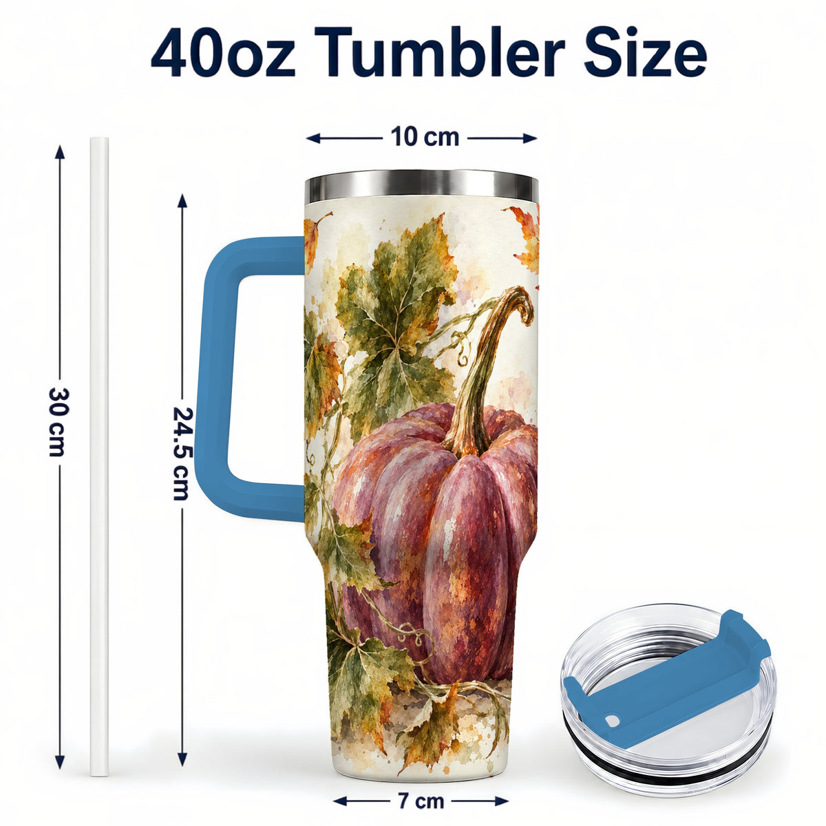 #pl[40oz|Blue] Watercolor Pumpkin 40oz Tumbler with Handle, Fall Stainless Steel Cup