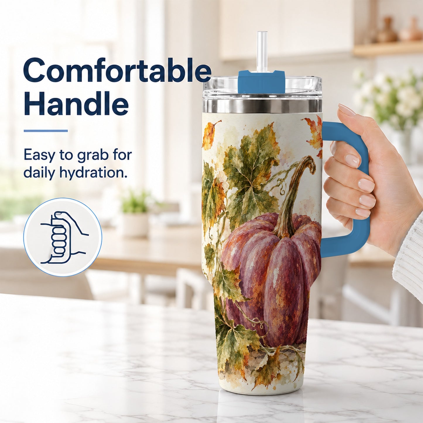 #pl[40oz|Blue] Watercolor Pumpkin 40oz Tumbler with Handle, Fall Stainless Steel Cup