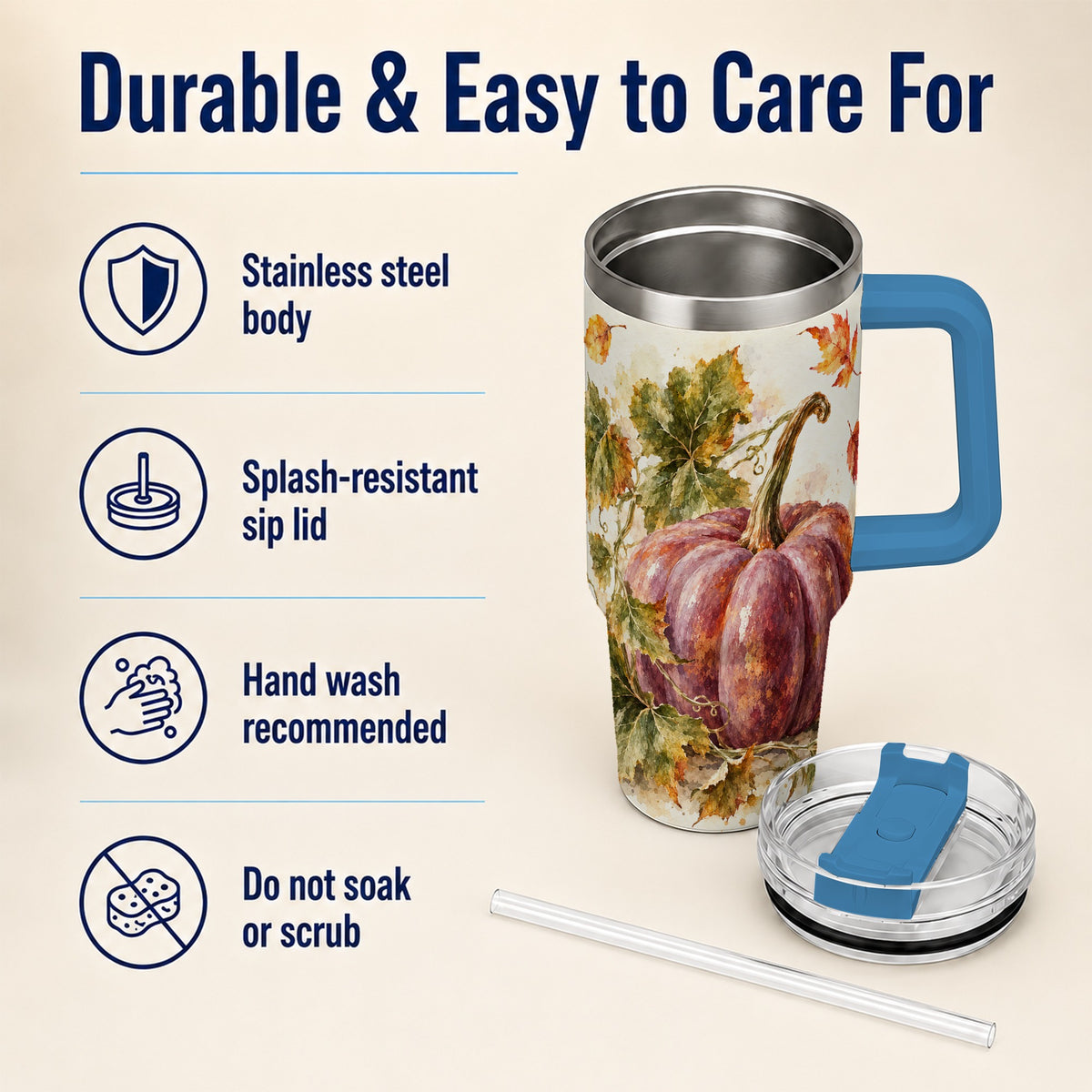 #pl[40oz|Blue] Watercolor Pumpkin 40oz Tumbler with Handle, Fall Stainless Steel Cup