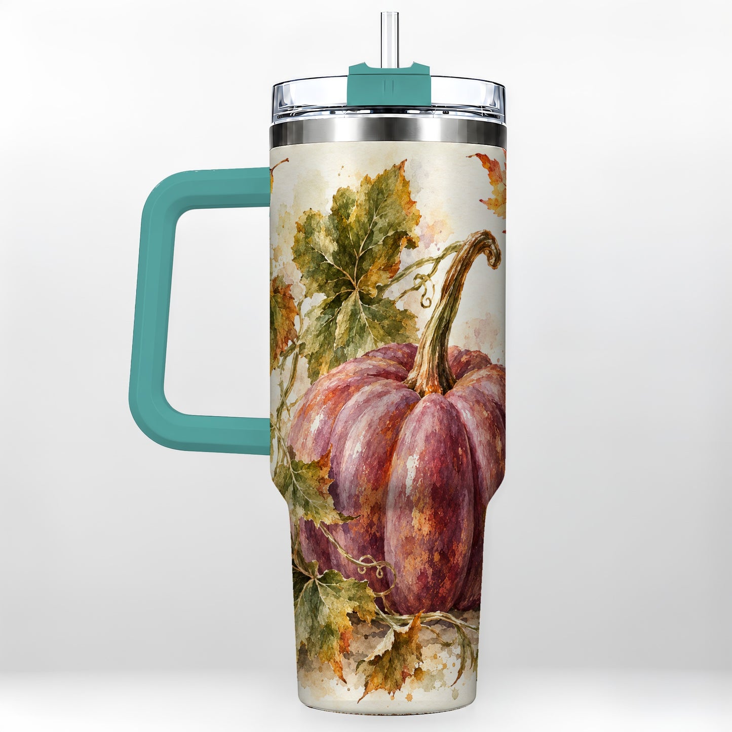 #pl[40oz|Green] Watercolor Pumpkin 40oz Tumbler with Handle, Fall Stainless Steel Cup