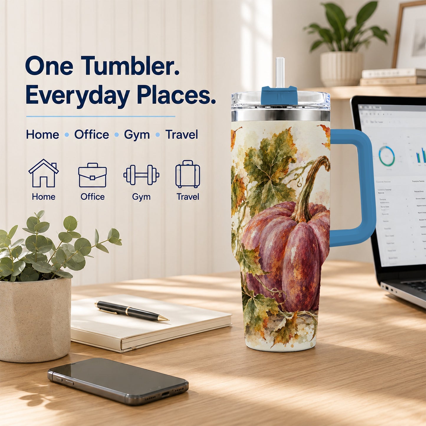 #pl[40oz|Blue] Watercolor Pumpkin 40oz Tumbler with Handle, Fall Stainless Steel Cup